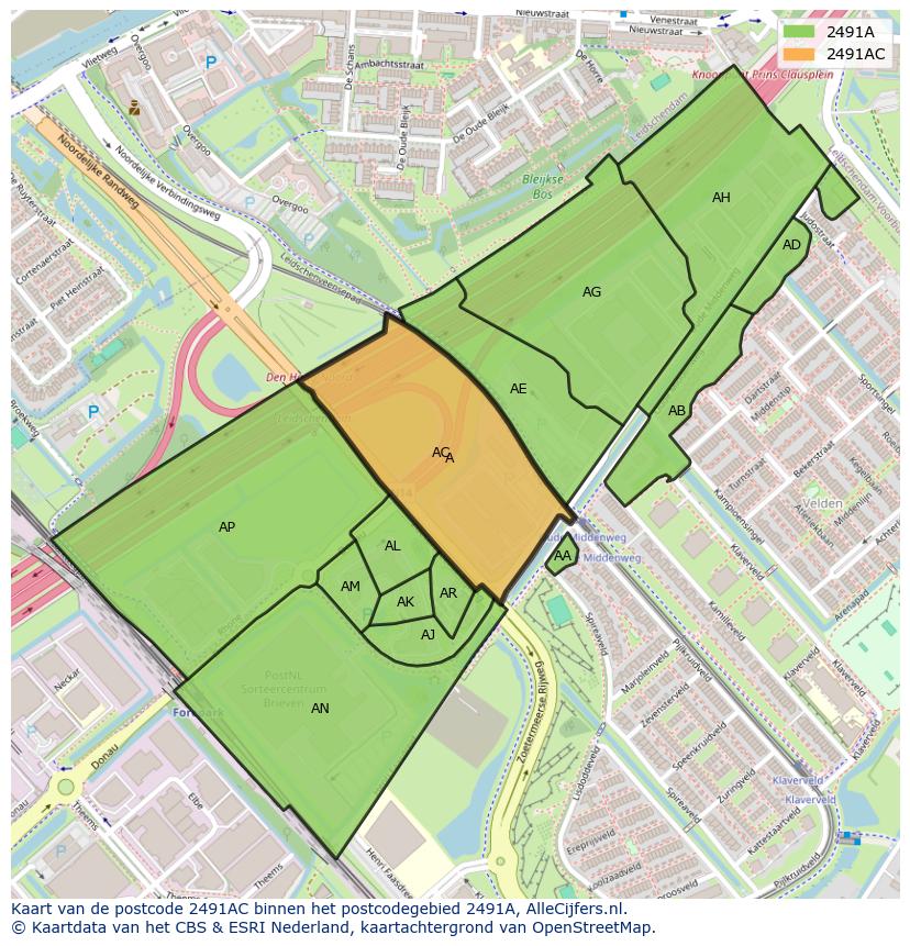 Afbeelding van het postcodegebied 2491 AC op de kaart.