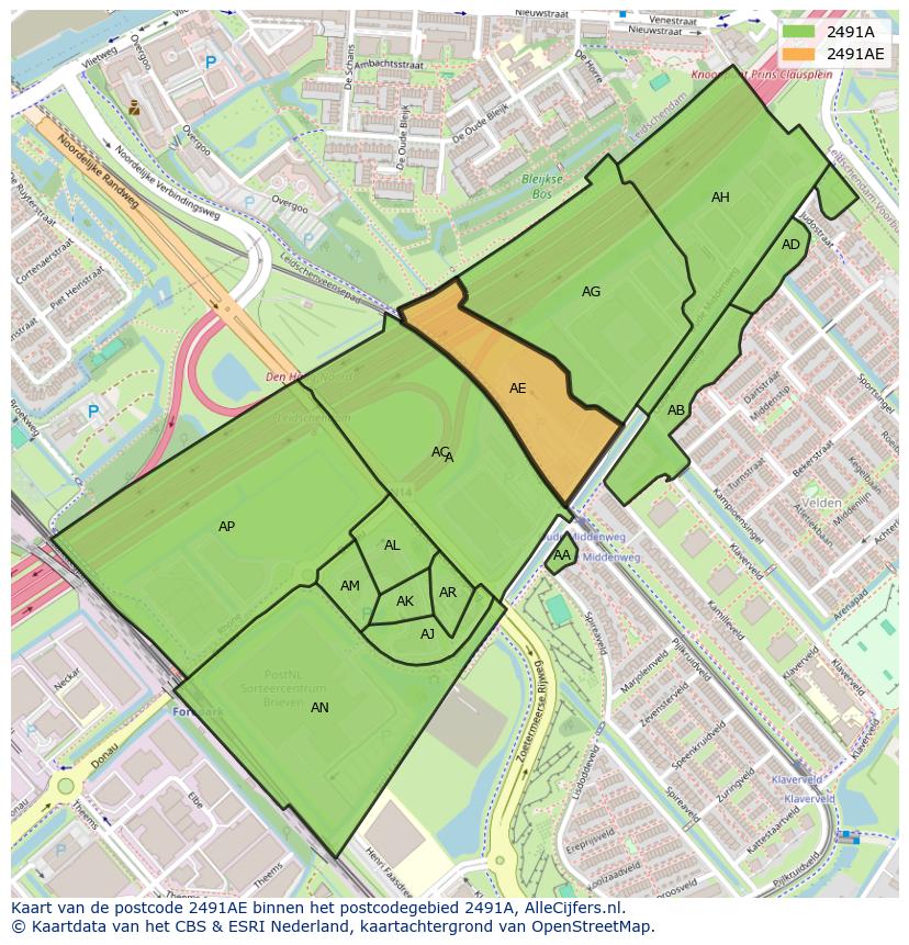 Afbeelding van het postcodegebied 2491 AE op de kaart.