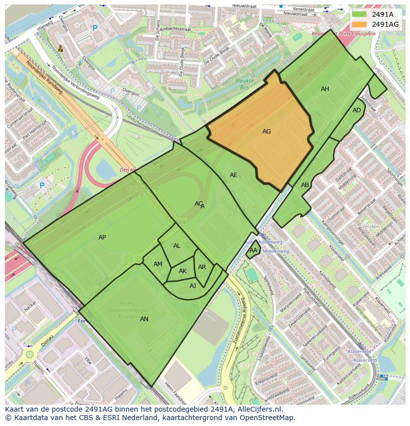 Afbeelding van het postcodegebied 2491 AG op de kaart.