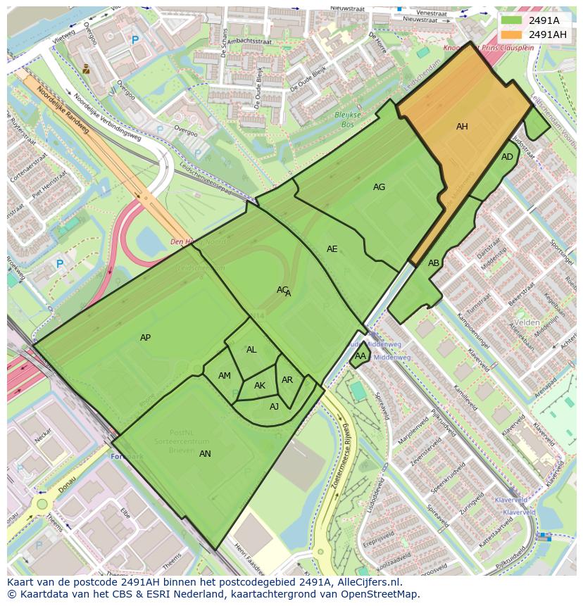 Afbeelding van het postcodegebied 2491 AH op de kaart.