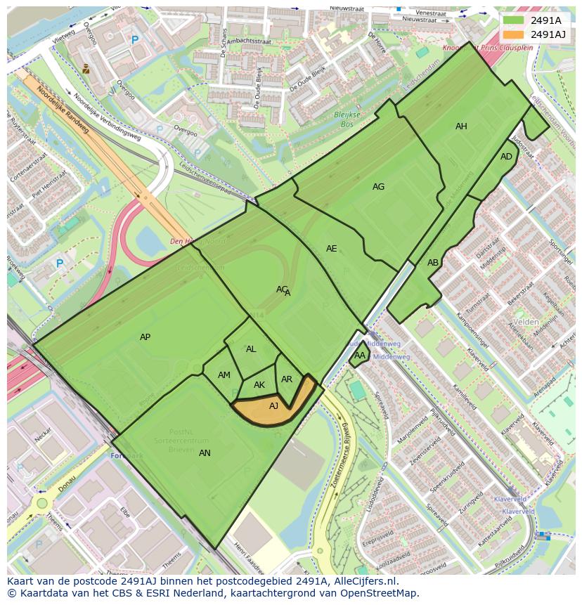 Afbeelding van het postcodegebied 2491 AJ op de kaart.