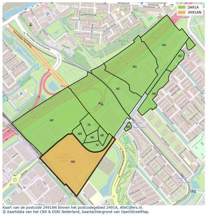 Afbeelding van het postcodegebied 2491 AN op de kaart.