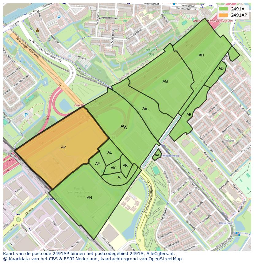 Afbeelding van het postcodegebied 2491 AP op de kaart.
