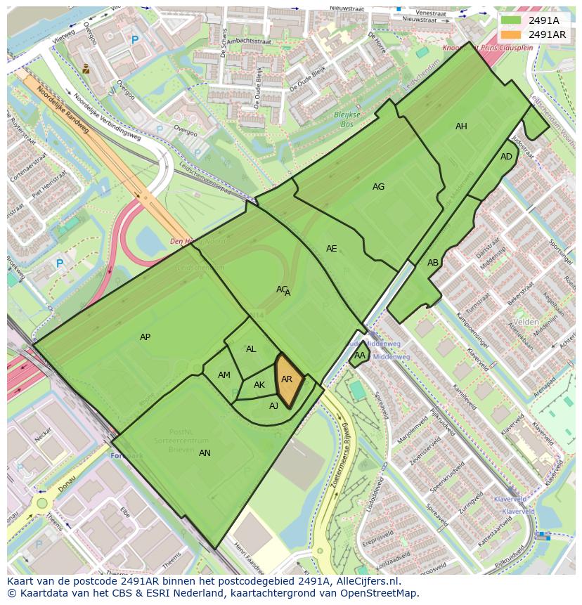 Afbeelding van het postcodegebied 2491 AR op de kaart.