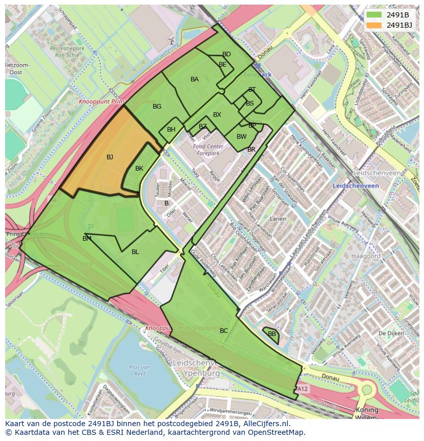 Afbeelding van het postcodegebied 2491 BJ op de kaart.