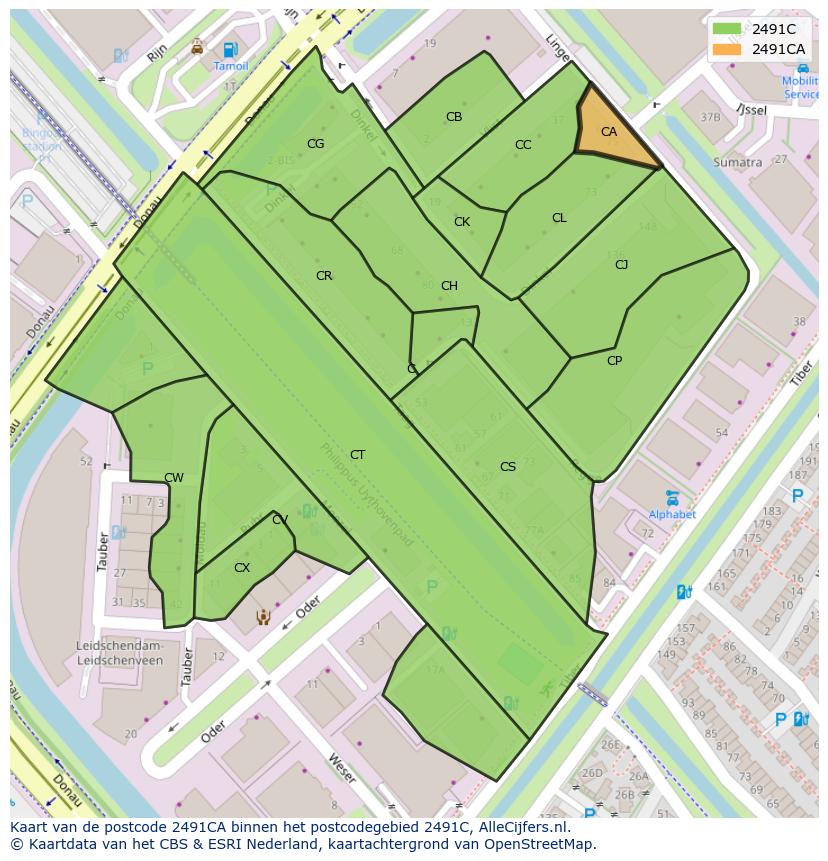 Afbeelding van het postcodegebied 2491 CA op de kaart.