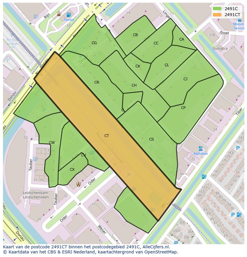 Afbeelding van het postcodegebied 2491 CT op de kaart.
