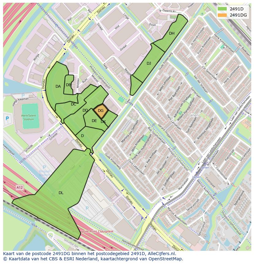 Afbeelding van het postcodegebied 2491 DG op de kaart.