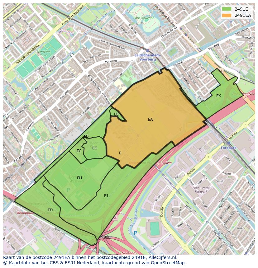 Afbeelding van het postcodegebied 2491 EA op de kaart.