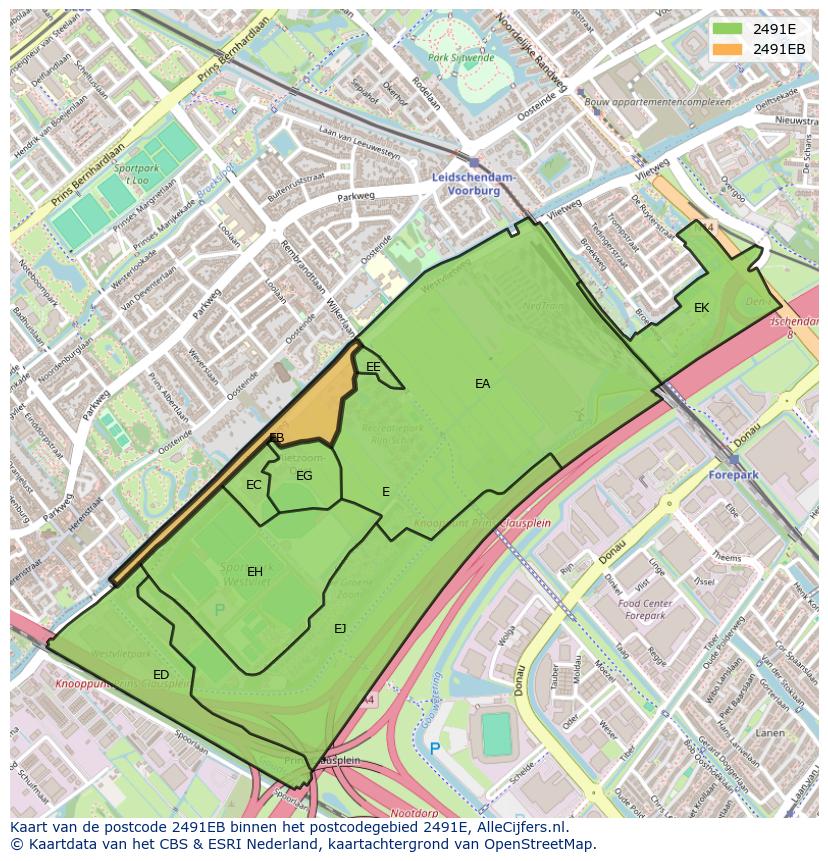 Afbeelding van het postcodegebied 2491 EB op de kaart.
