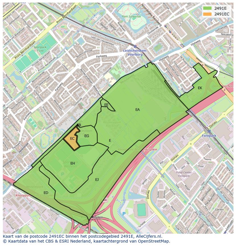 Afbeelding van het postcodegebied 2491 EC op de kaart.