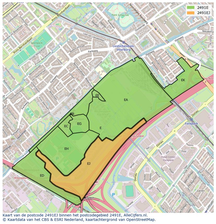 Afbeelding van het postcodegebied 2491 EJ op de kaart.