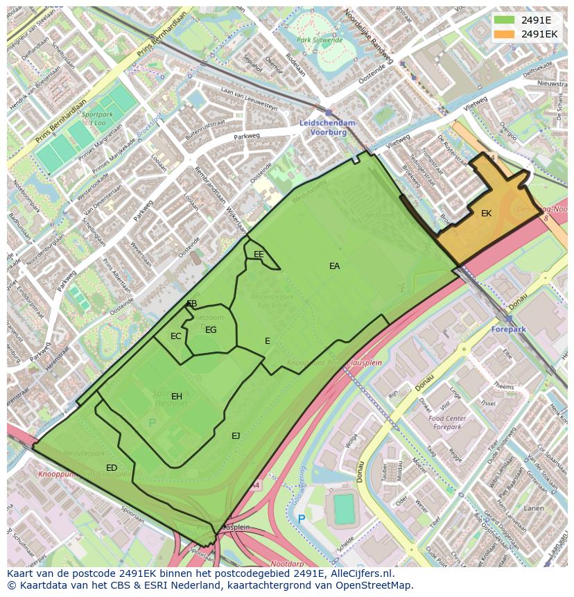 Afbeelding van het postcodegebied 2491 EK op de kaart.