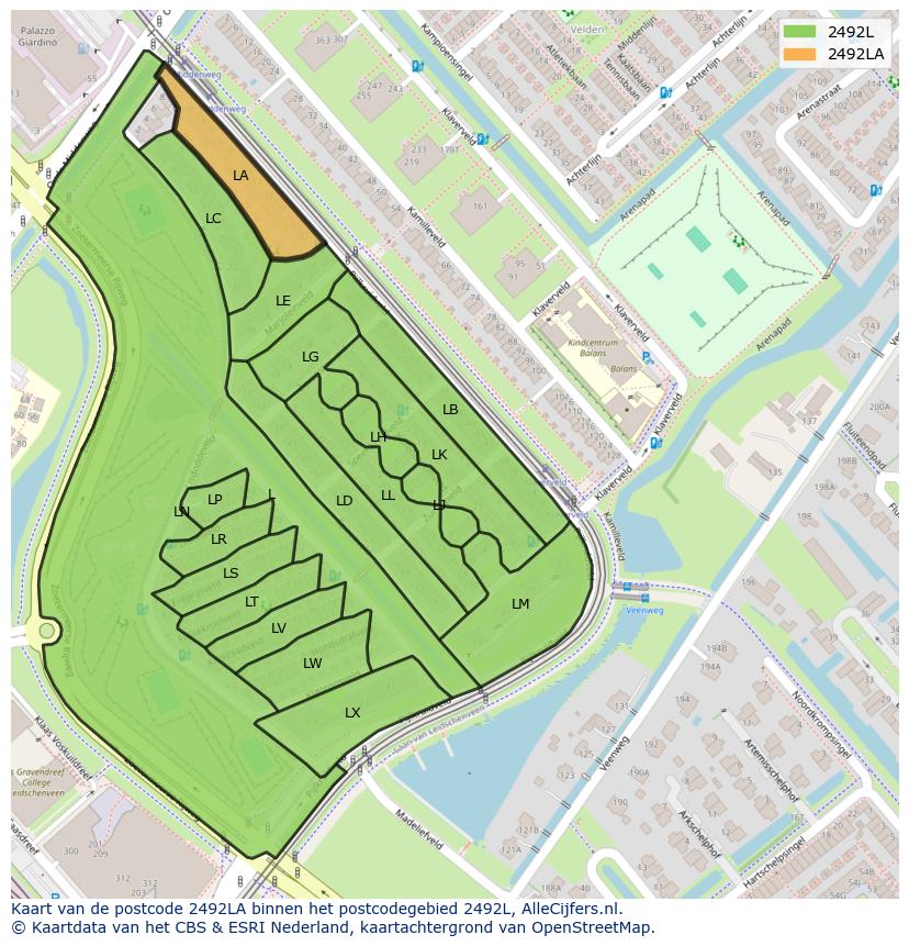 Afbeelding van het postcodegebied 2492 LA op de kaart.