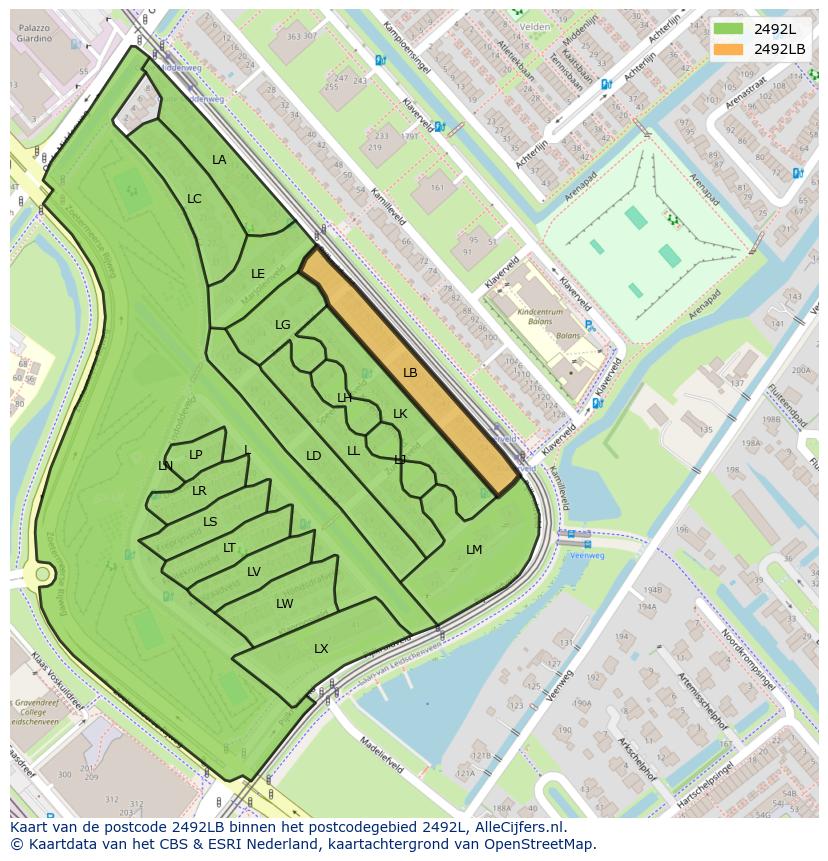 Afbeelding van het postcodegebied 2492 LB op de kaart.