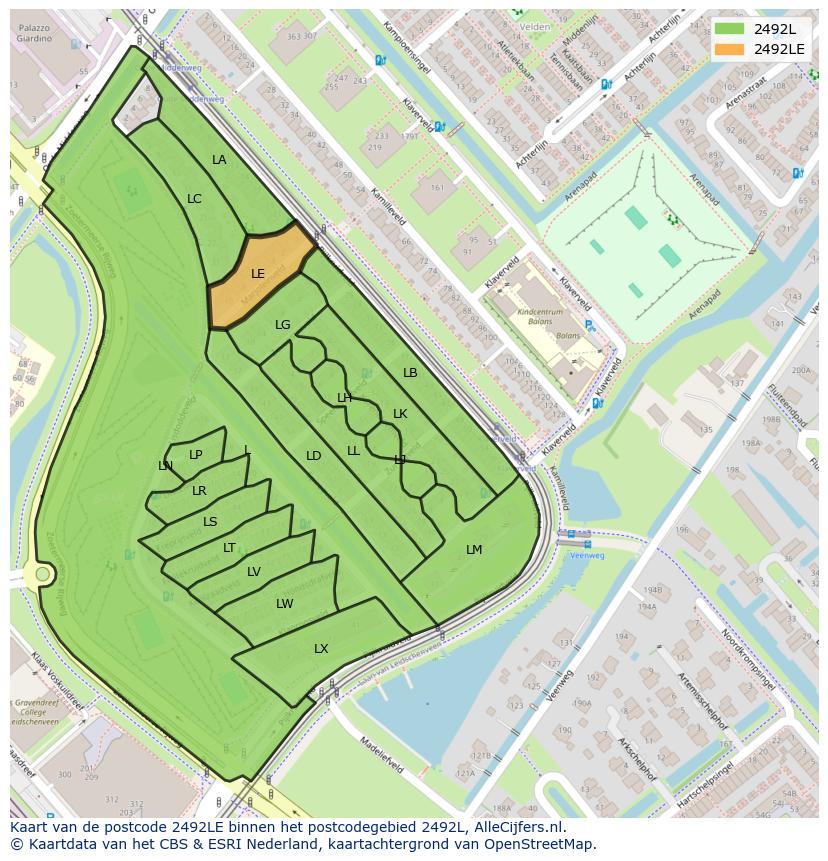 Afbeelding van het postcodegebied 2492 LE op de kaart.