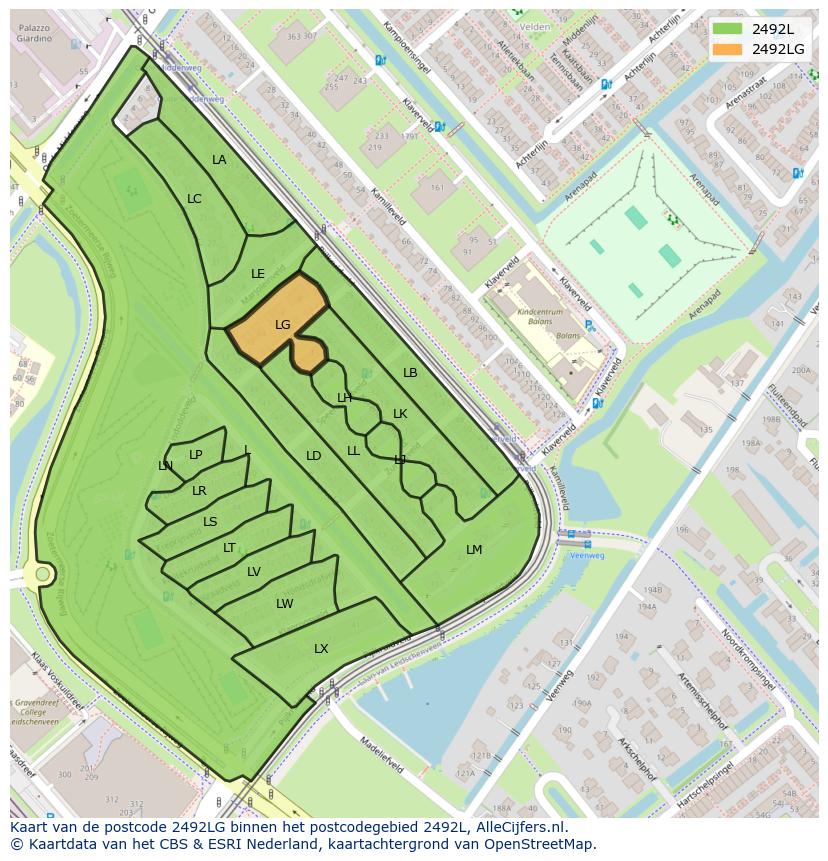 Afbeelding van het postcodegebied 2492 LG op de kaart.
