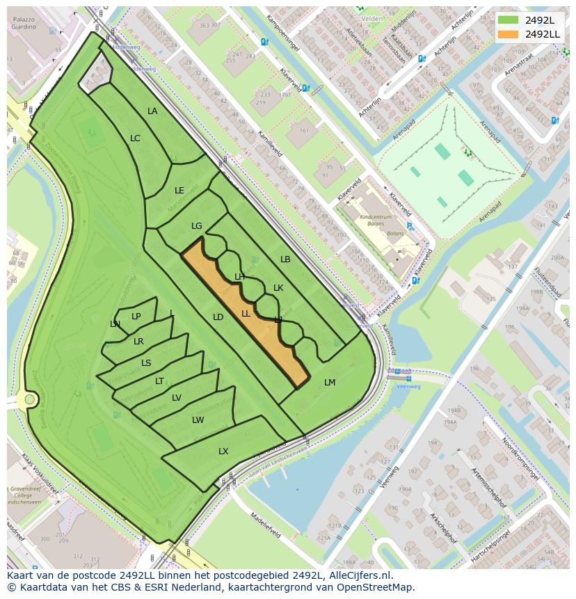 Afbeelding van het postcodegebied 2492 LL op de kaart.