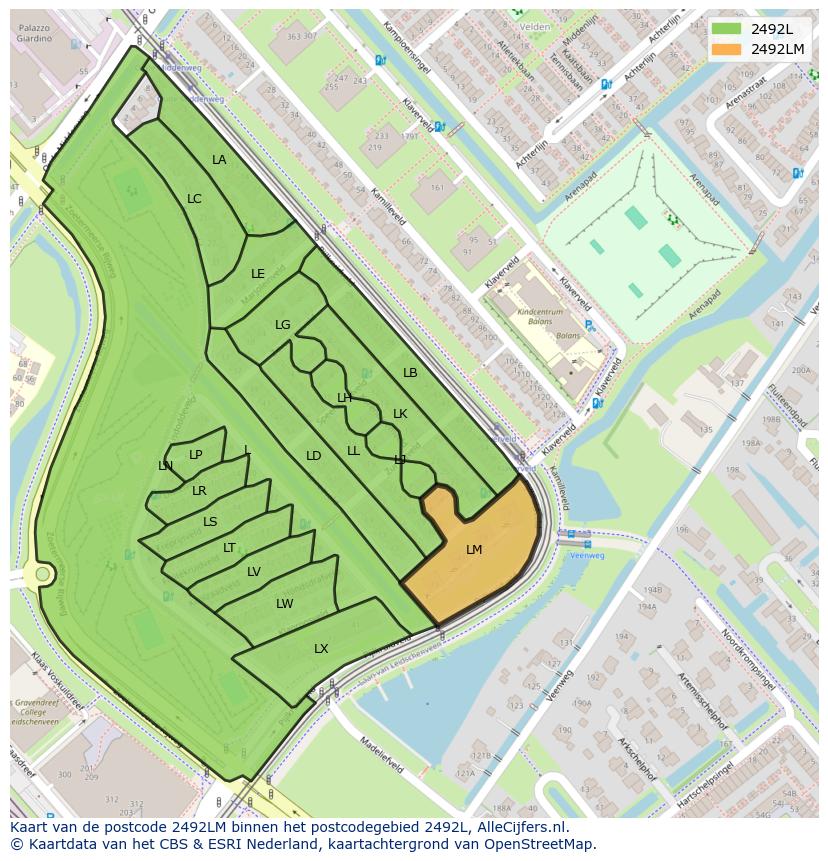 Afbeelding van het postcodegebied 2492 LM op de kaart.