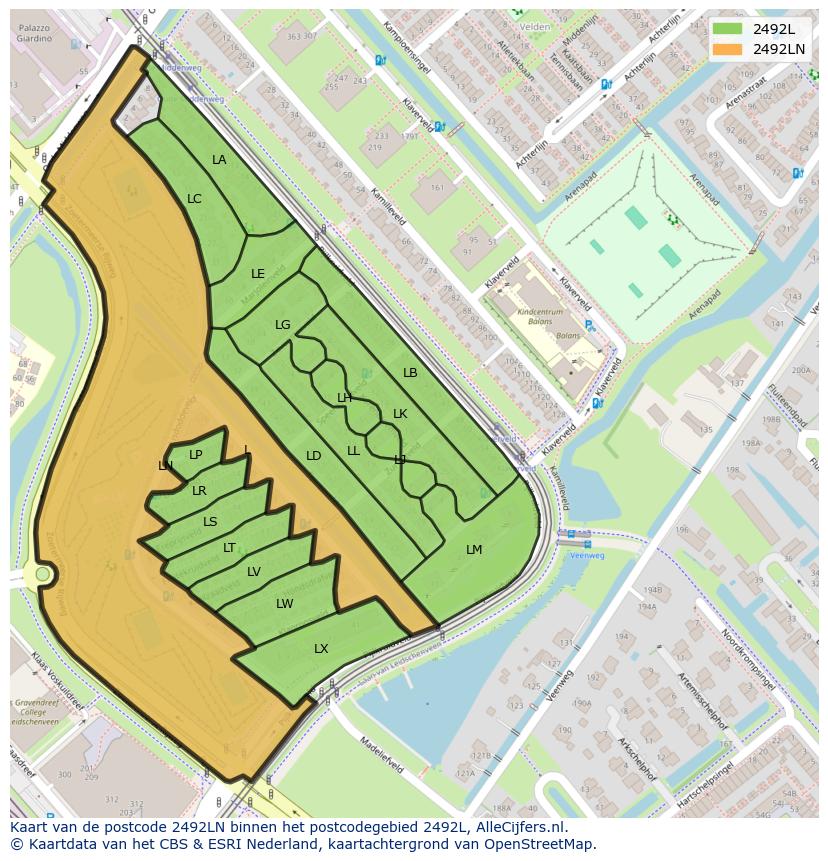 Afbeelding van het postcodegebied 2492 LN op de kaart.