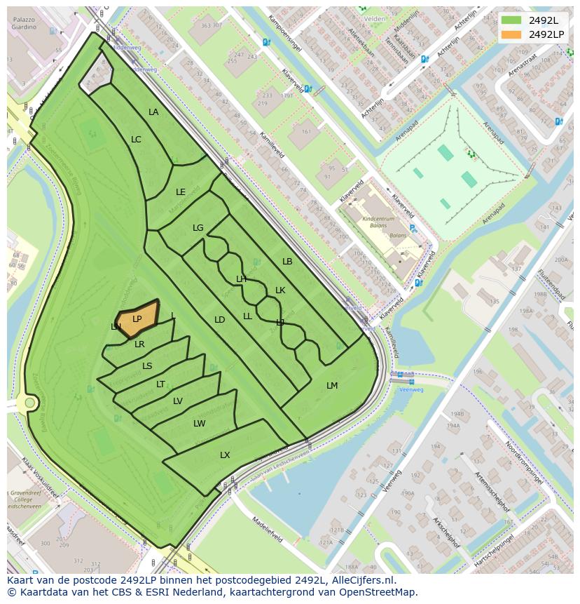 Afbeelding van het postcodegebied 2492 LP op de kaart.
