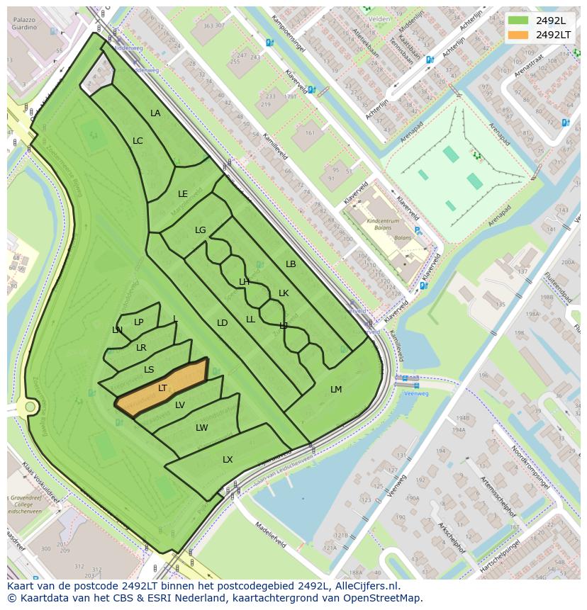 Afbeelding van het postcodegebied 2492 LT op de kaart.