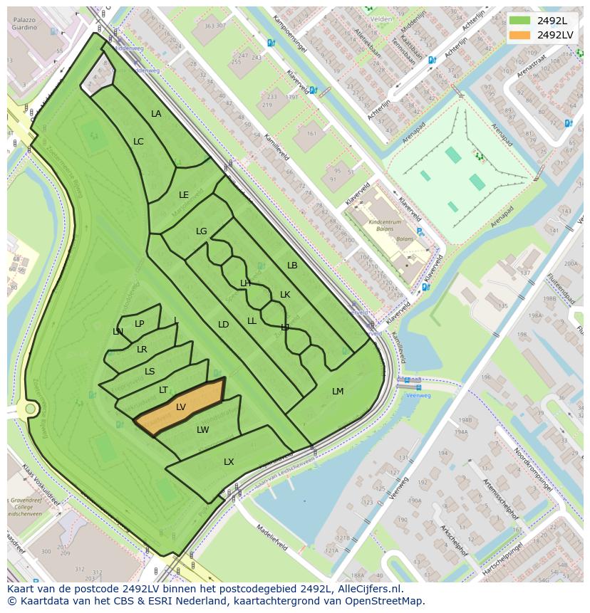 Afbeelding van het postcodegebied 2492 LV op de kaart.