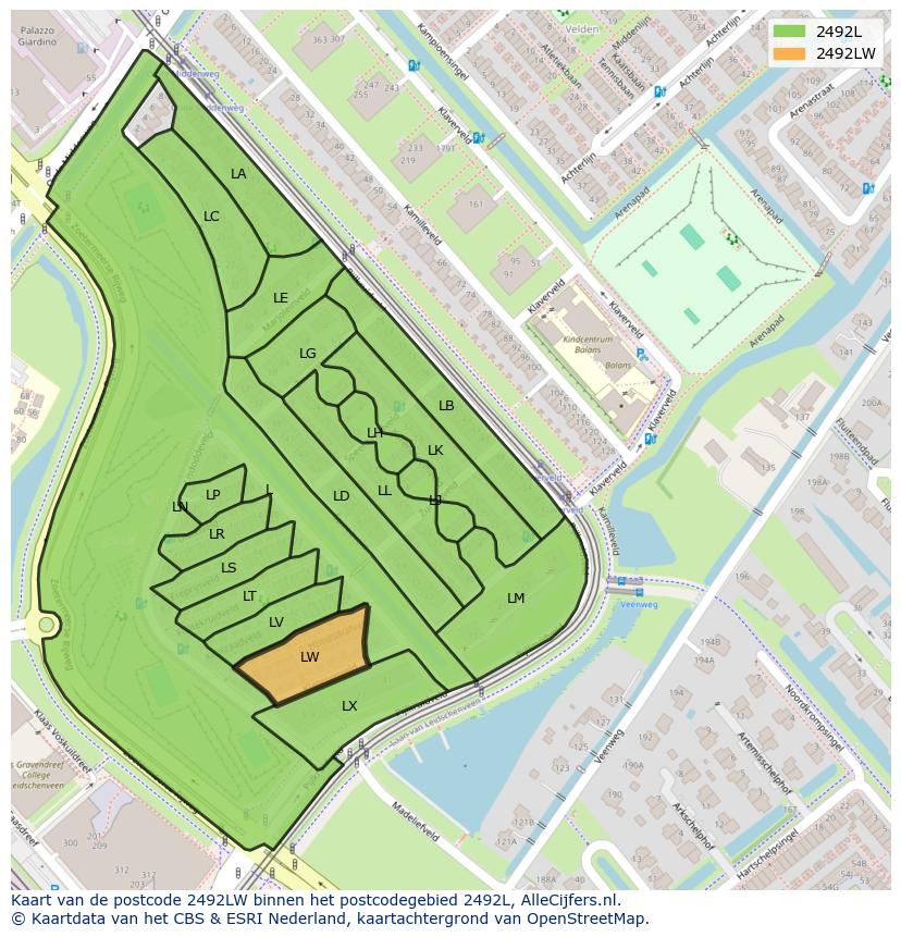 Afbeelding van het postcodegebied 2492 LW op de kaart.