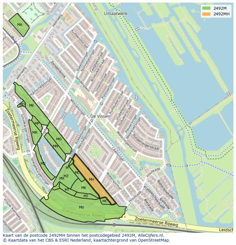 Afbeelding van het postcodegebied 2492 MH op de kaart.