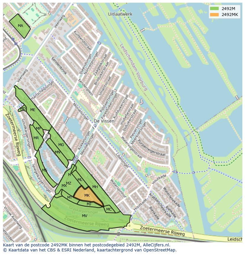 Afbeelding van het postcodegebied 2492 MK op de kaart.