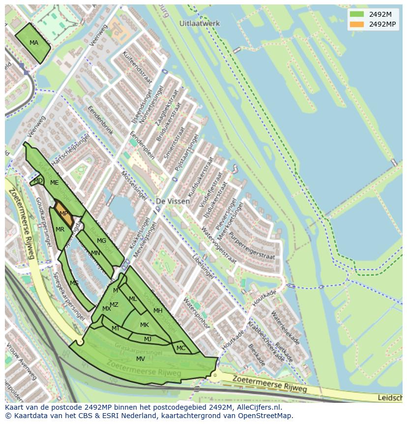Afbeelding van het postcodegebied 2492 MP op de kaart.