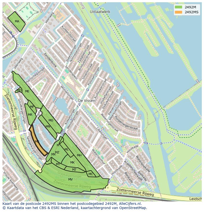 Afbeelding van het postcodegebied 2492 MS op de kaart.