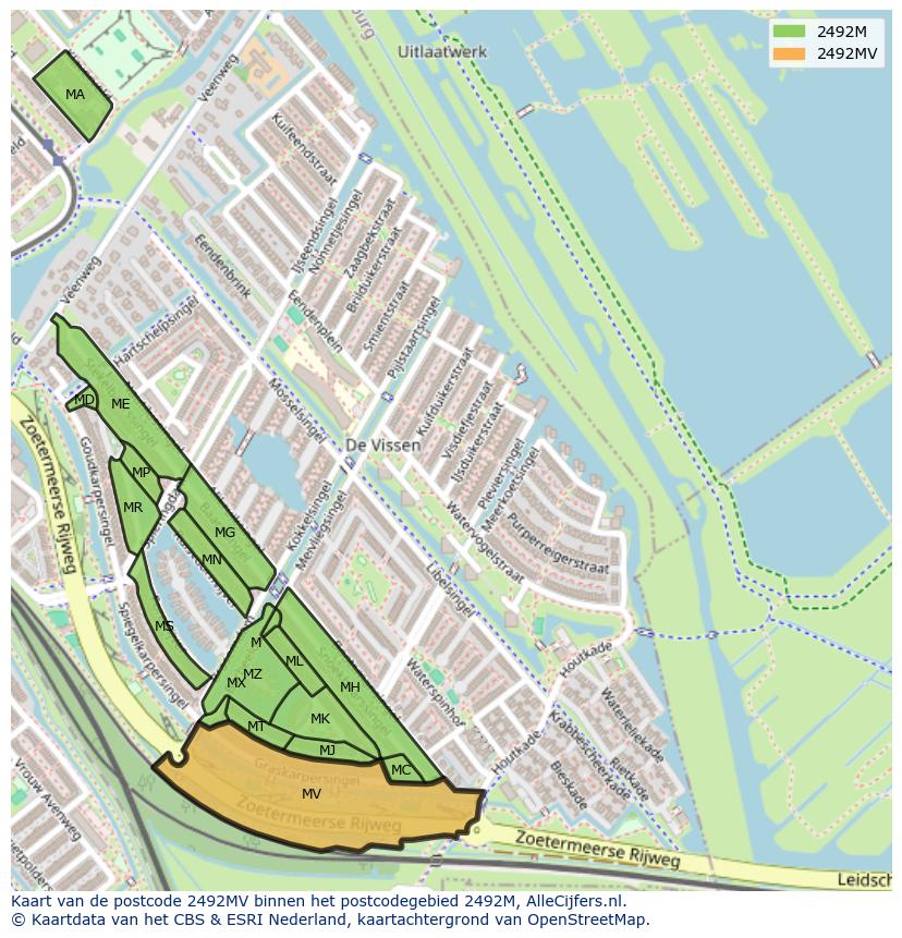 Afbeelding van het postcodegebied 2492 MV op de kaart.