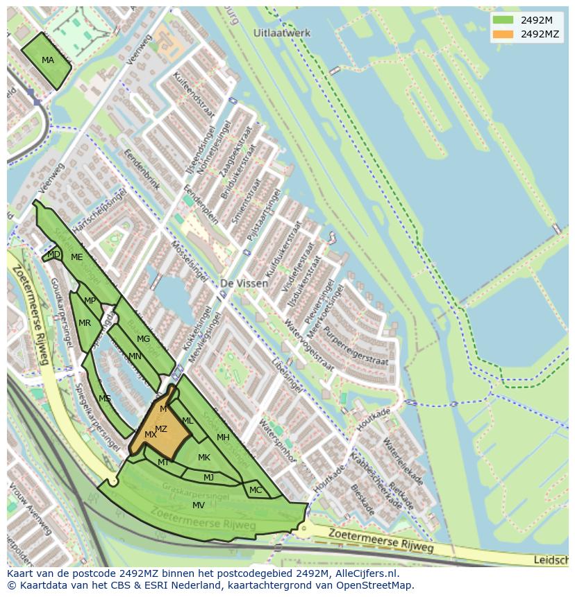 Afbeelding van het postcodegebied 2492 MZ op de kaart.