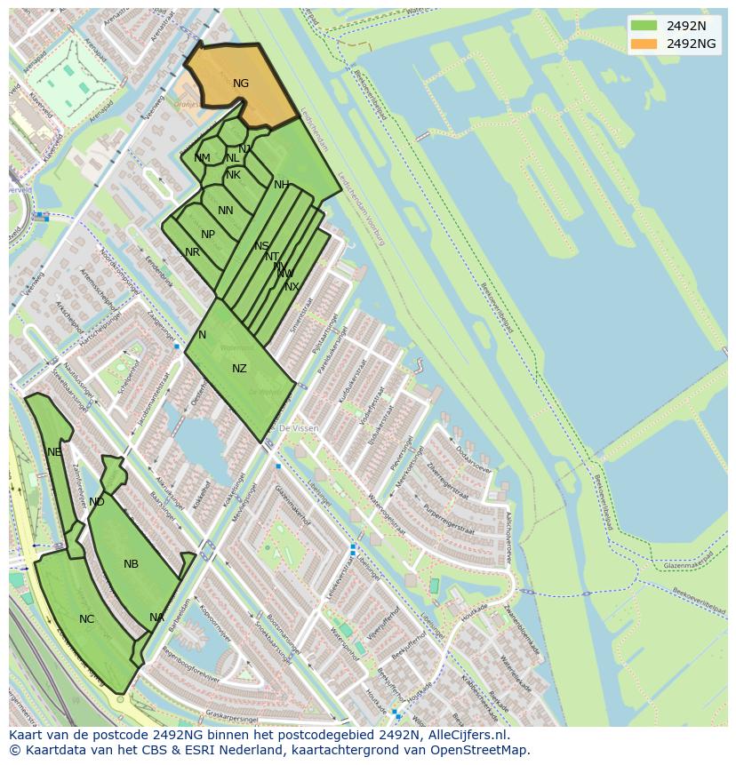Afbeelding van het postcodegebied 2492 NG op de kaart.