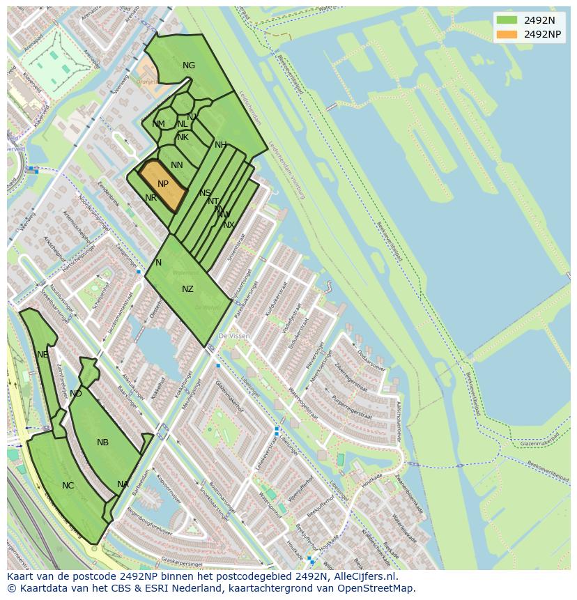 Afbeelding van het postcodegebied 2492 NP op de kaart.