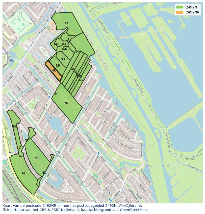 Afbeelding van het postcodegebied 2492 NR op de kaart.
