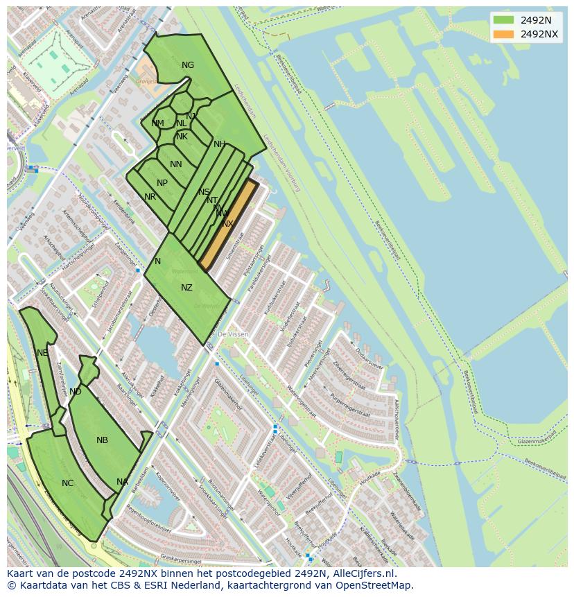 Afbeelding van het postcodegebied 2492 NX op de kaart.