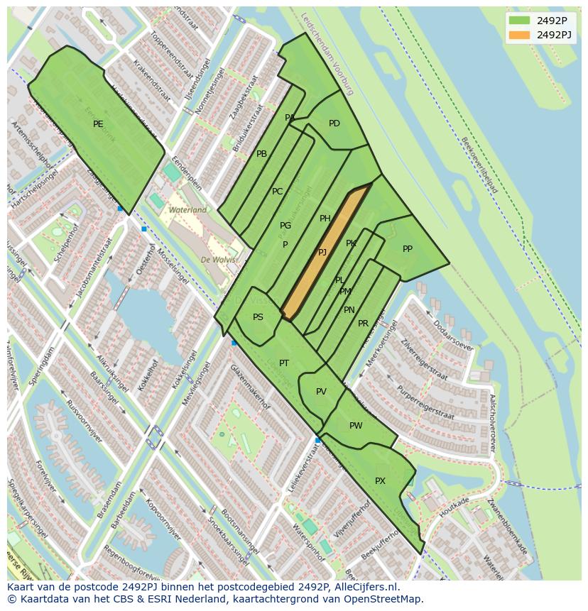 Afbeelding van het postcodegebied 2492 PJ op de kaart.