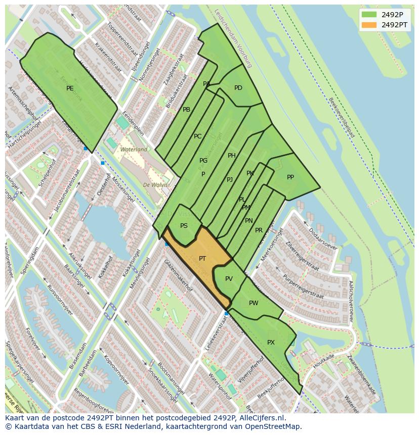 Afbeelding van het postcodegebied 2492 PT op de kaart.