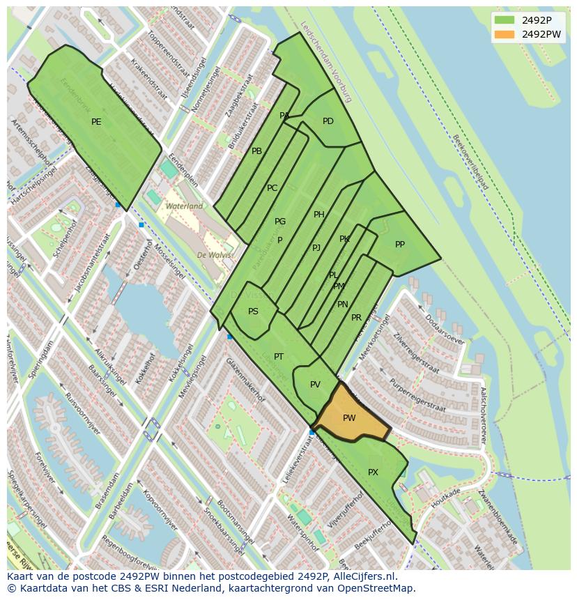 Afbeelding van het postcodegebied 2492 PW op de kaart.