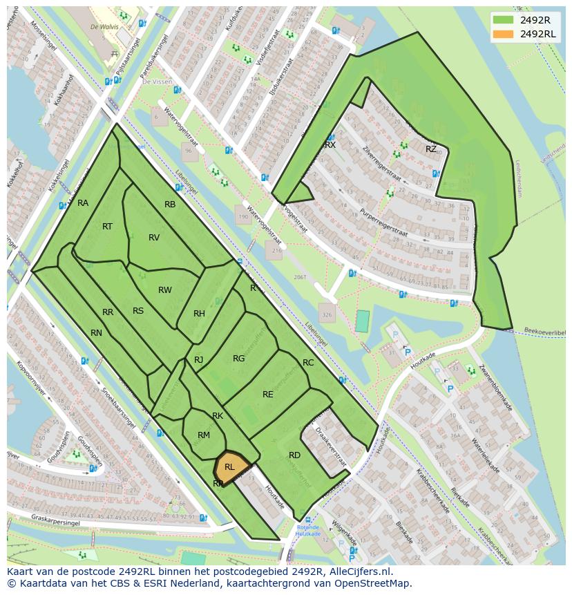 Afbeelding van het postcodegebied 2492 RL op de kaart.
