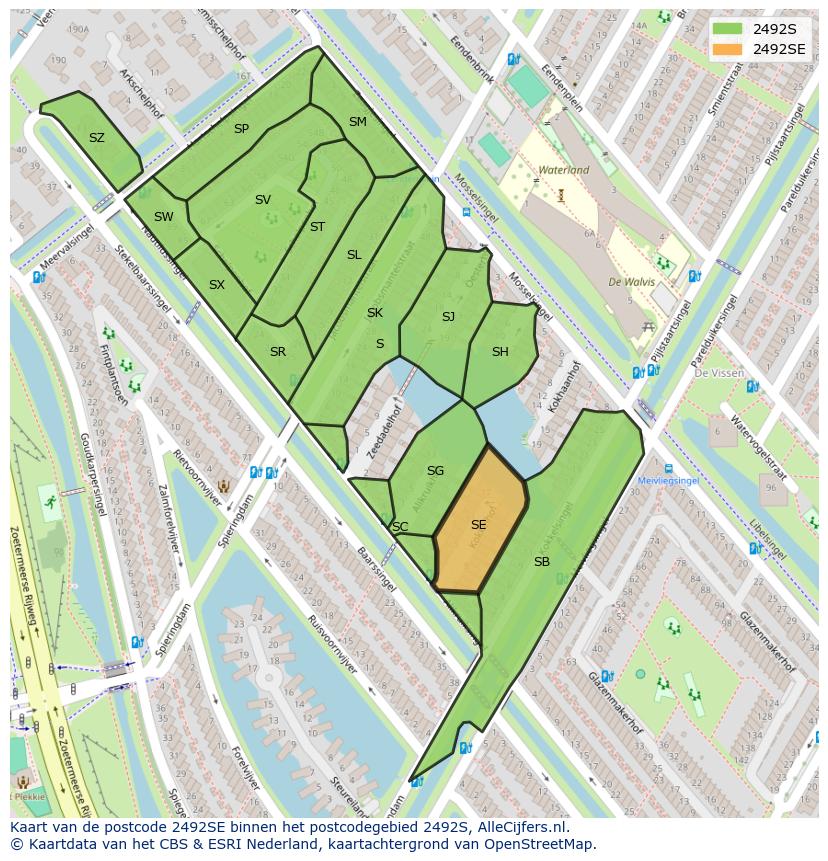 Afbeelding van het postcodegebied 2492 SE op de kaart.