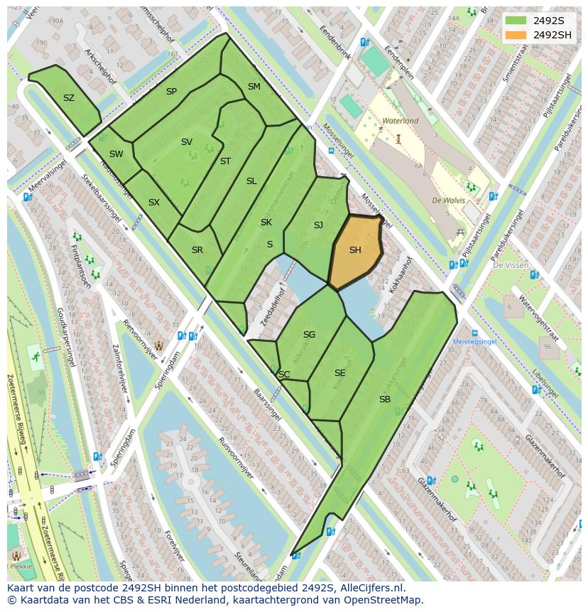Afbeelding van het postcodegebied 2492 SH op de kaart.
