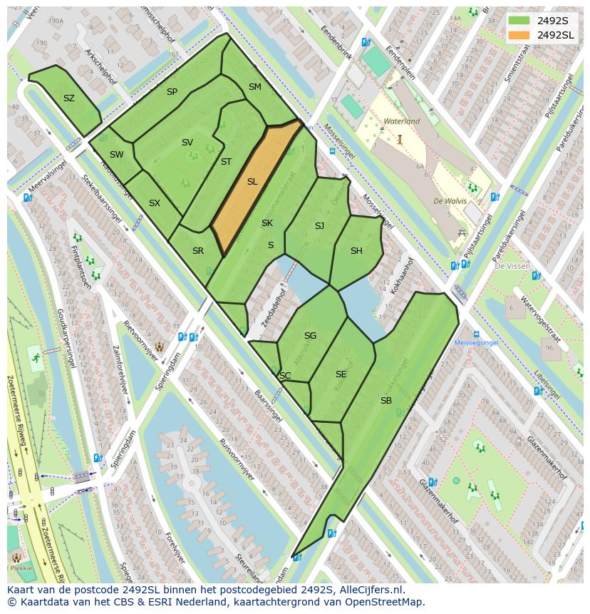 Afbeelding van het postcodegebied 2492 SL op de kaart.
