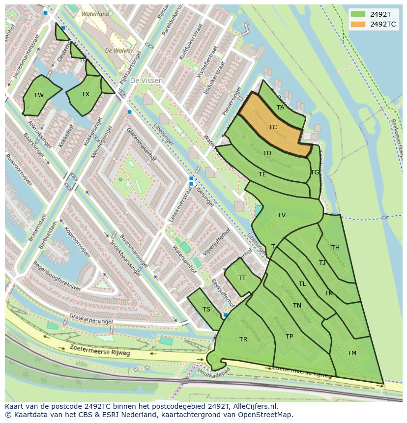 Afbeelding van het postcodegebied 2492 TC op de kaart.