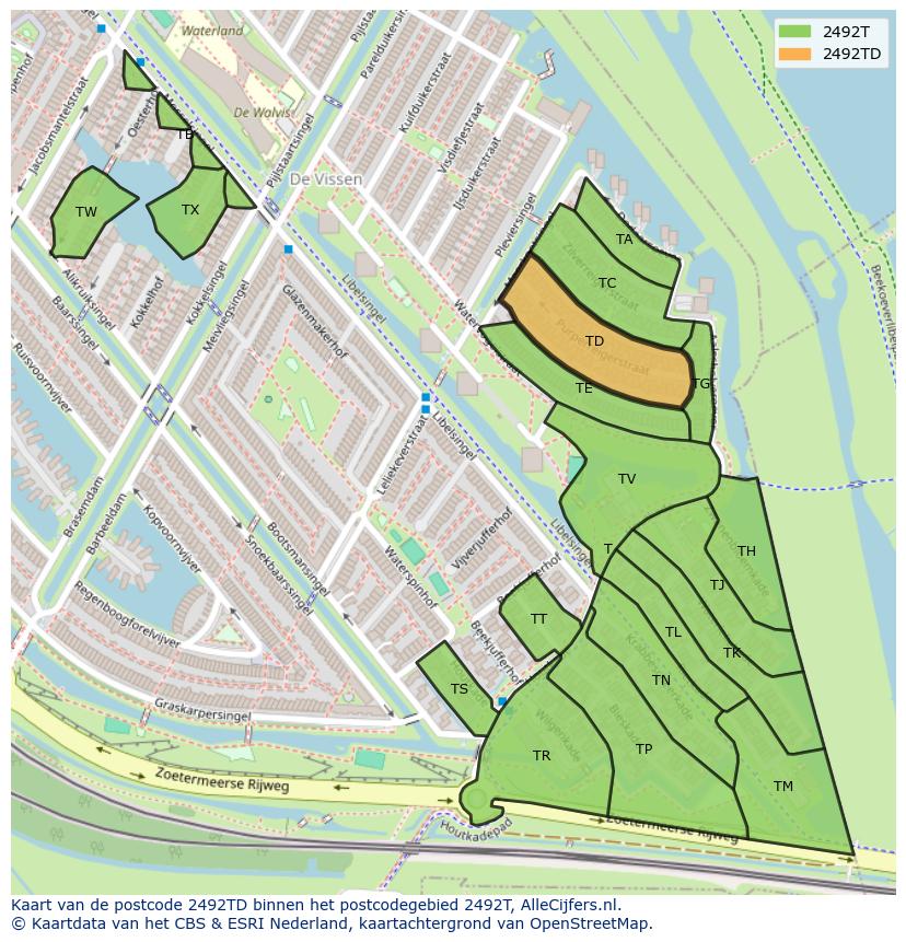 Afbeelding van het postcodegebied 2492 TD op de kaart.
