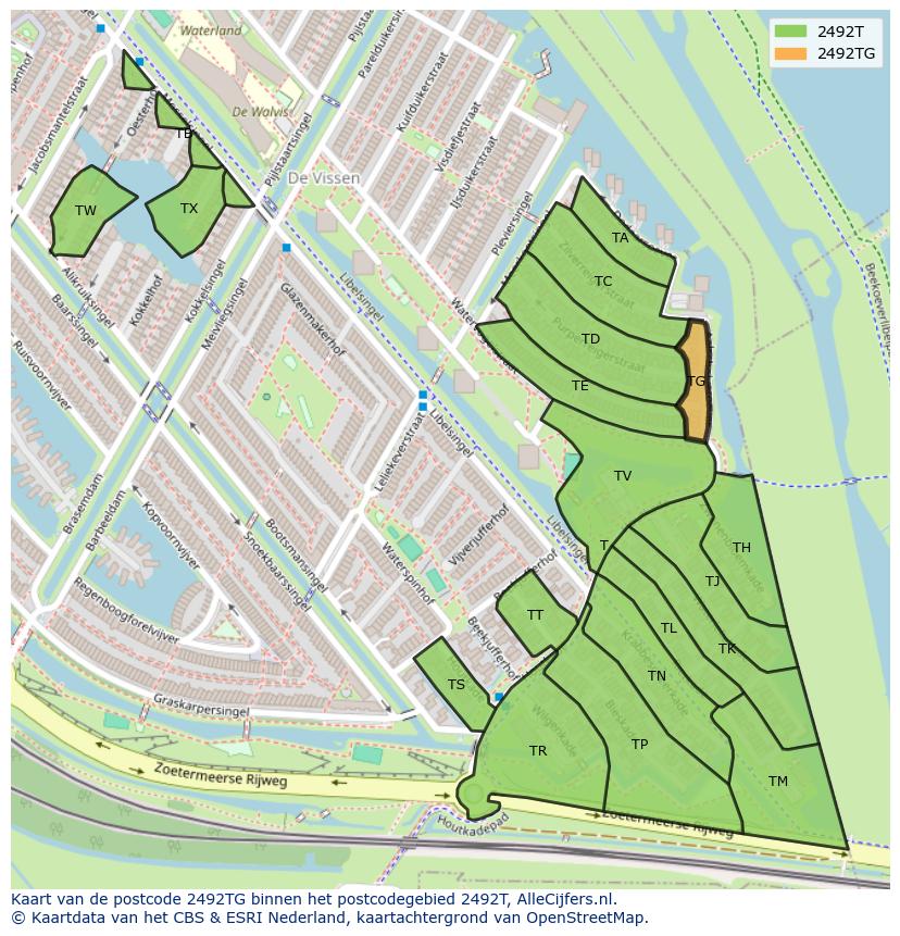 Afbeelding van het postcodegebied 2492 TG op de kaart.