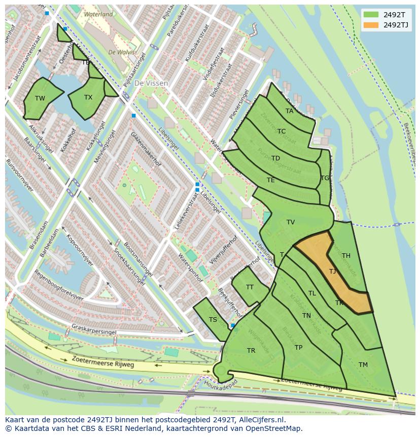 Afbeelding van het postcodegebied 2492 TJ op de kaart.