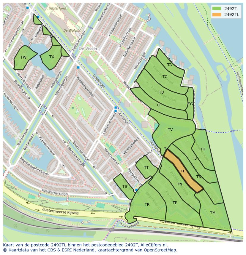 Afbeelding van het postcodegebied 2492 TL op de kaart.